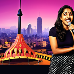 **Image:** A brightly lit stage with a female Indian stand-up comedian confidently holding a microphone. The audience is diverse and laughing uproariously. The background shows a stylized cityscape of Mumbai or Delhi. The overall tone is empowering and humorous, capturing the energy of a live performance.