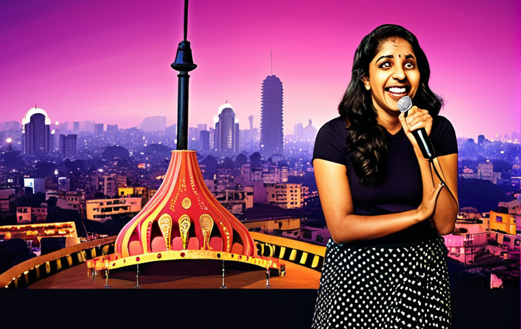 **Image:** A brightly lit stage with a female Indian stand-up comedian confidently holding a microphone. The audience is diverse and laughing uproariously. The background shows a stylized cityscape of Mumbai or Delhi. The overall tone is empowering and humorous, capturing the energy of a live performance.