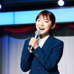 A vibrant modern Japanese female comedian on stage, performing a stand-up routine with a confident and engaging expression. She is fully clothed in stylish, contemporary, and modest professional attire, holding a microphone. The background features a brightly lit comedy club stage with a blurred, appreciative audience. The image emphasizes perfect anatomy, correct proportions, natural pose, well-formed hands, and proper finger count. This is a high-quality, professional photograph, safe for work, appropriate content, and family-friendly.