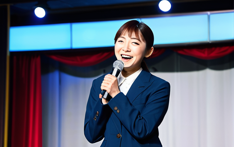 A vibrant modern Japanese female comedian on stage, performing a stand-up routine with a confident and engaging expression. She is fully clothed in stylish, contemporary, and modest professional attire, holding a microphone. The background features a brightly lit comedy club stage with a blurred, appreciative audience. The image emphasizes perfect anatomy, correct proportions, natural pose, well-formed hands, and proper finger count. This is a high-quality, professional photograph, safe for work, appropriate content, and family-friendly.