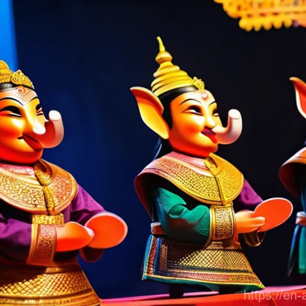 태국의 정치 풍자 코미디 - **A vibrant traditional Thai shadow puppet show (Nang Talung) taking place in a bustling village squ...