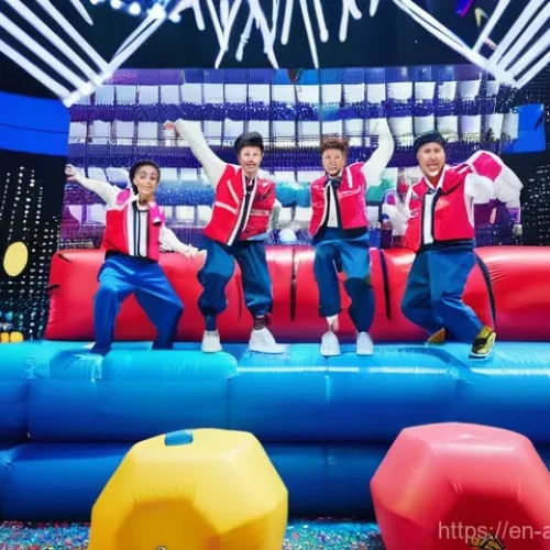 Home 15 대만 개그맨 코미디 스타일 - **Taiwanese Variety Show Chaos:** A brightly lit, colorful stage filled with a dynamic ensemble cast...