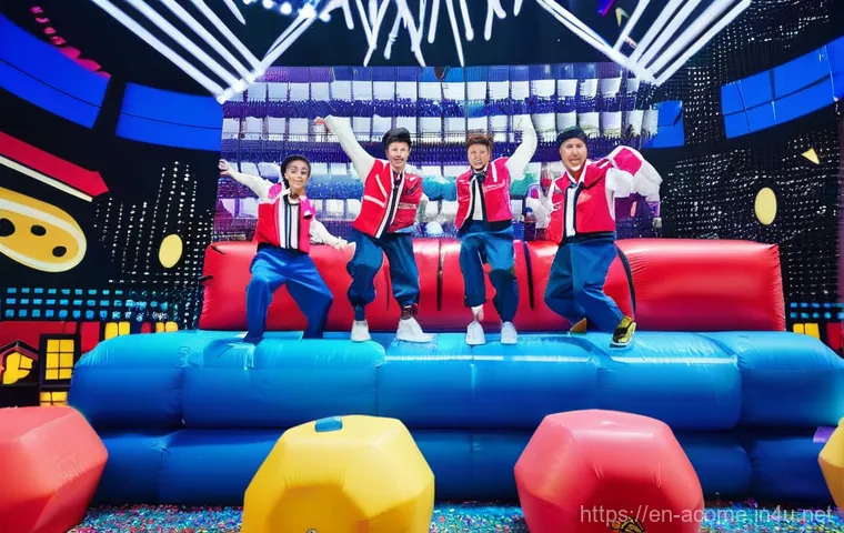 대만 개그맨 코미디 스타일 - **Taiwanese Variety Show Chaos:** A brightly lit, colorful stage filled with a dynamic ensemble cast...