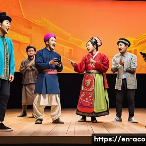 Home 33 아시아 개그 프로그램 추천 - A vibrant sketch comedy stage set in a modern Asian city backdrop, featuring actors dressed in tradi...