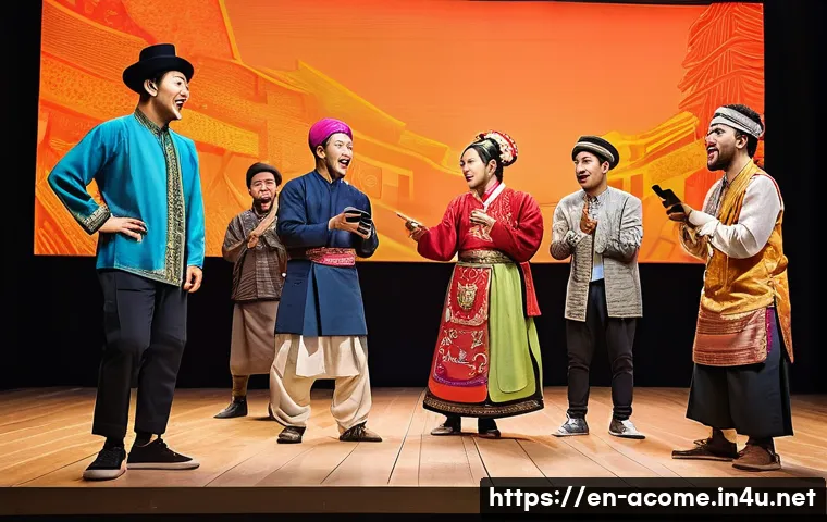 아시아 개그 프로그램 추천 - A vibrant sketch comedy stage set in a modern Asian city backdrop, featuring actors dressed in tradi...