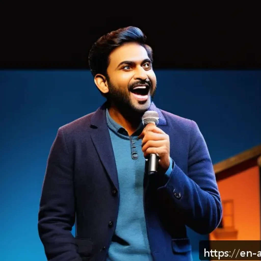 비르 다스의 인기 공연 리스트 - A dynamic stand-up comedy stage scene featuring an Indian male comedian in his 30s, wearing casual y...