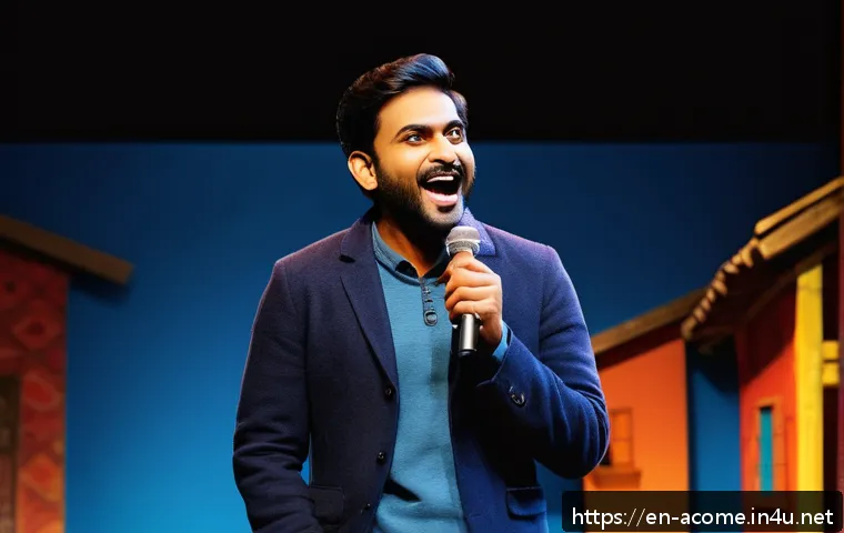 비르 다스의 인기 공연 리스트 - A dynamic stand-up comedy stage scene featuring an Indian male comedian in his 30s, wearing casual y...