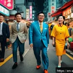 Home 19 홍콩 영화 속 개그 코드 - A lively Hong Kong street scene at dusk featuring exaggerated, caricatured comedic characters in vib...