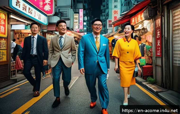 홍콩 영화 속 개그 코드 - A lively Hong Kong street scene at dusk featuring exaggerated, caricatured comedic characters in vib...