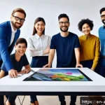 Home 18 오카무라 타카시 프로필과 활동 - A dynamic creative studio scene featuring a diverse team of professionals collaborating around a lar...