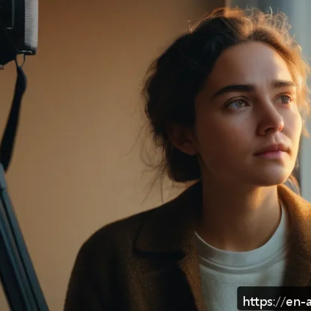 조세이 아스칼라니 데뷔작 - A cinematic portrait of a young woman director on set, natural golden hour lighting filtering throug...