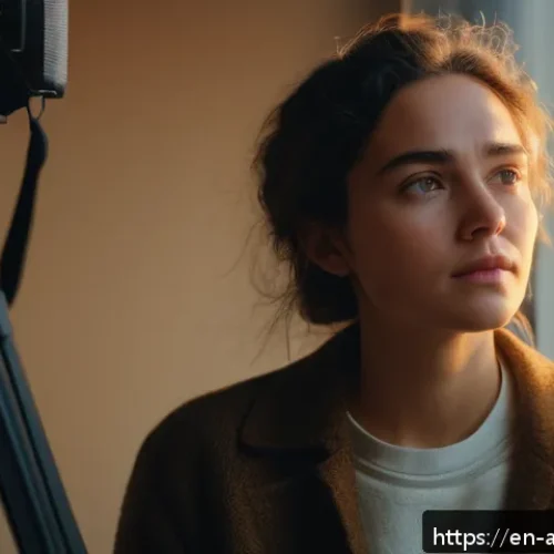 Home 17 조세이 아스칼라니 데뷔작 - A cinematic portrait of a young woman director on set, natural golden hour lighting filtering throug...