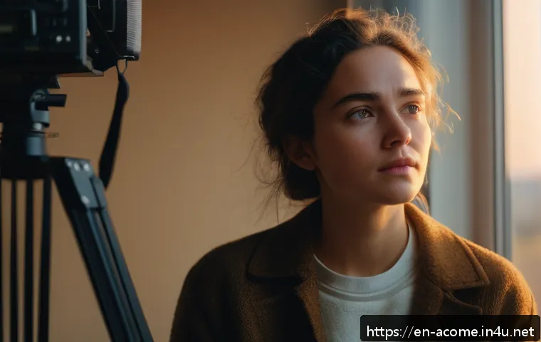 조세이 아스칼라니 데뷔작 - A cinematic portrait of a young woman director on set, natural golden hour lighting filtering throug...