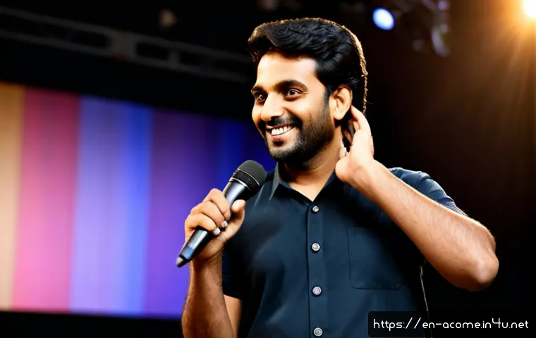 인도의 유명 개그맨 리스트 - Photorealistic editorial portrait of a charismatic Indian stand-up comedian on a warmly lit theater ...